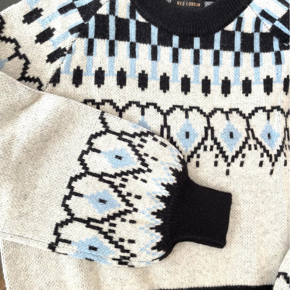 Fair Isle Scandi Pullover Sweater, Pretty Balloon Sleeve, Ivory Blue Black Heart - Picture 2 of 14